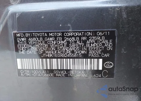 2011 Lexus Es 350 z USA, uszkodzony, nr VIN JTHBK1EGXB2455815